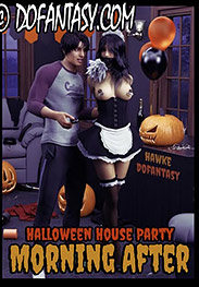 Halloween house party: Morning after - Discovering that Michelle has been left tied up in a closet, he makes a deal with her to clean the house
